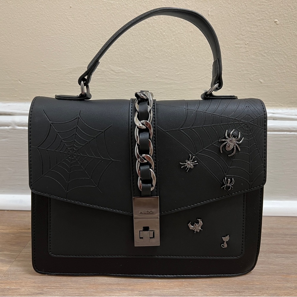 Aldo Black Satchel with Chain and Spider Detail